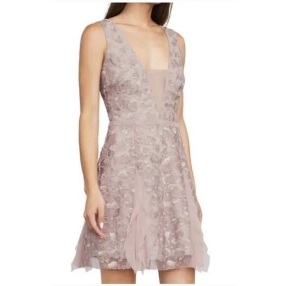 BCBGMaxazria Pink Phoebe Floral Embroider Lace Overlay Cocktail Mesh Mini Dress - Picture 1 of 4
